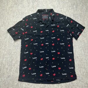Denim & Flower Love Heart Print Button Down Short Sleeve Shirt - Mens Large‎